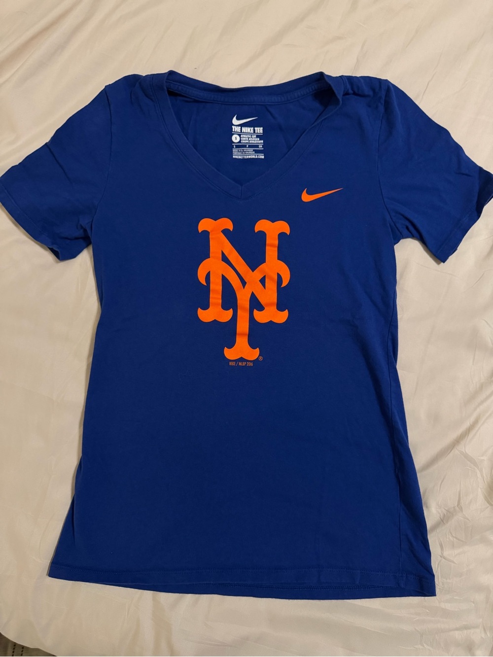 Nike Royal Blue V-Neck Mets Logo Tee with Orange Accents